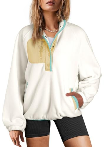 Dokotoo Womens Winter Clothing for Women Oversized Sweatshirt Fuzzy Fleece Jacket Color Block Button V Neck Thanksgiving Sweater Workout Tops Comfy Fall Fashion Outfits Clothes 2025 White Medium | Amazon (US)
