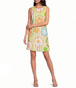 Fiorella Printed Round Neck Sleeveless Open Back Linen Mini Shift Dress | Dillard's