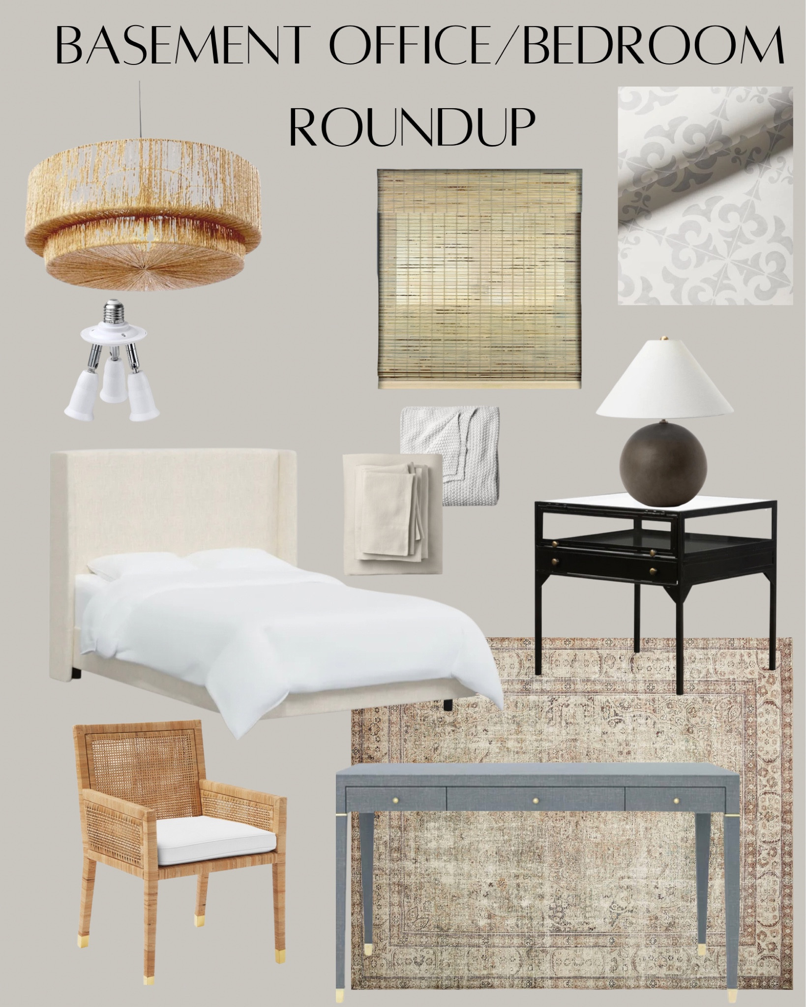 Woven pendant light, lightbulb splitter, bamboo Roman shade, wallpaper, ceramic table lamp, black iron and glass nightstand, low profile upholstered bed, linen sheet, chunky knit throw blanket, rattan armchair, linen wrapped desk, vintage rug 

#LTKstyletip #LTKhome #LTKFind