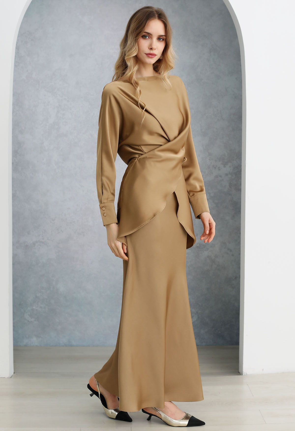 Boat Neck Crisscross Waist Satin Top in Tan | Chicwish