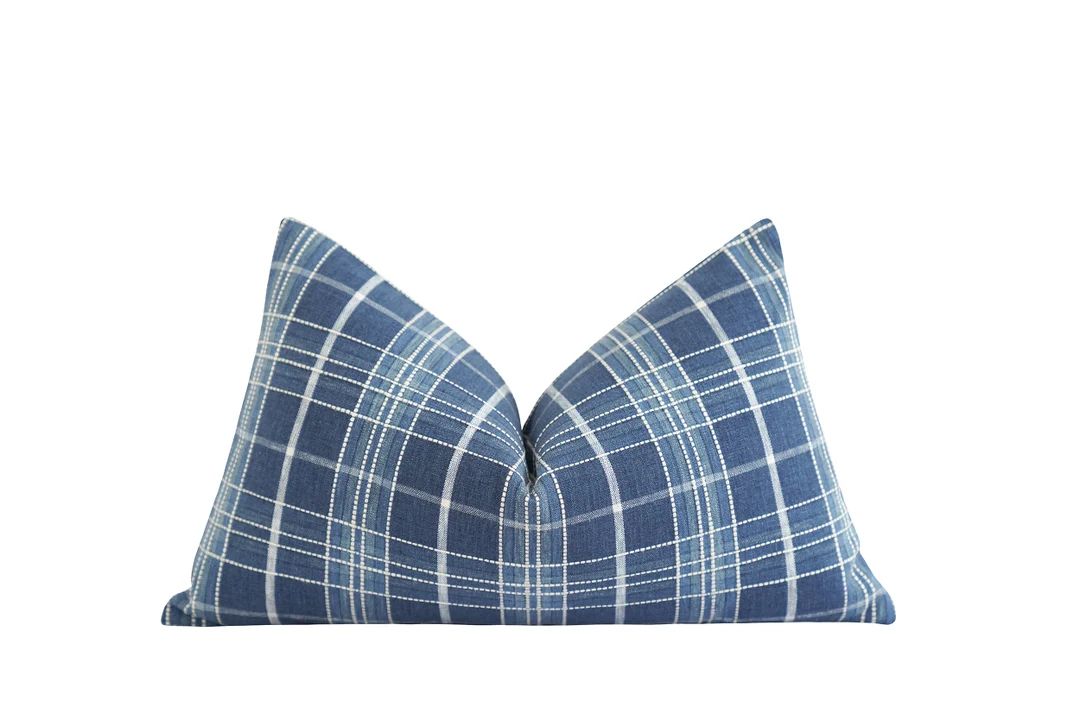 12x18 Blue Ivory White Textured Plaid Pillow Cover, Denim Blue Lumbar Pillow Cover, Farmhouse Dé... | Etsy (US)
