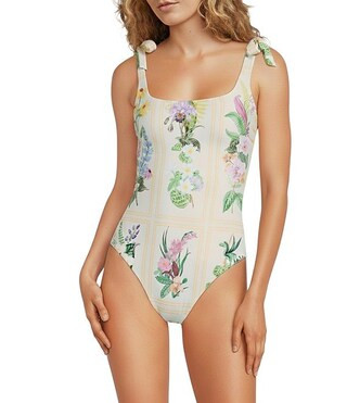 Botanical Frames Reversible Tie Shoulder Bandeau One Piece Swimsuit | Dillard's