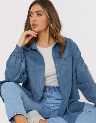 In The Style x Billie Faiers oversized corduroy shirt in blue | ASOS (Global)