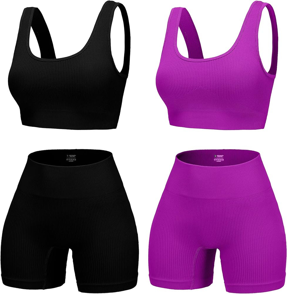 4 Piece Workout Sets for Women Seamless Ribbed High Waist Yoga shorts with Sports Bra Outfits | Amazon (US)