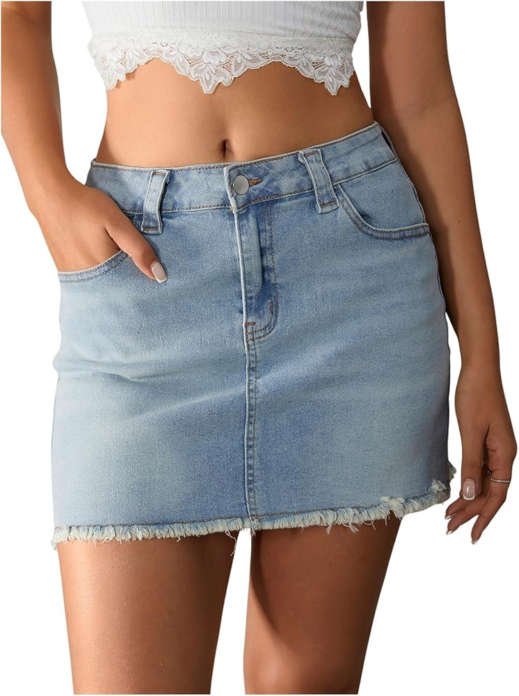Milumia Women's Y2K Raw Hem Denim Mini Skirt High Waisted Bodycon Jean Skirts | Amazon (US)