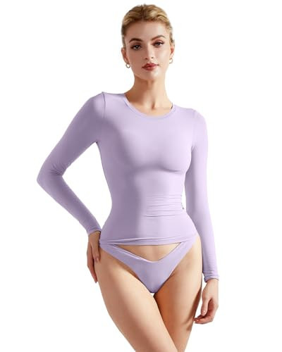 SUUKSESS Women Double Lined Fitted Basic Tee Shirts Crew Neck Long Sleeve Going Out Crop Tops (Lilac, M) | Amazon (US)