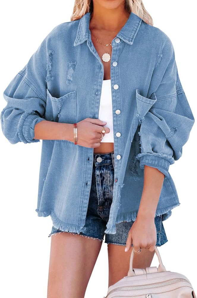 EVALESS Jean Jacket for Women Distressed Frayed Denim Jacket Ladies Ripped Stretchy Jacket With P... | Amazon (US)