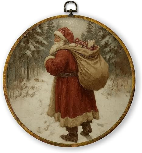 QZQE Vintage Santa Christmas Round Wall Art Decor Framed, Retro Christmas Circle Canvas Prints, R... | Amazon (US)