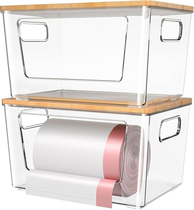 2 Pack Trash Bag Holder with Bamboo Lid, Stackable Trashbag Dispenser, Extra Large Garbage Bag Ho... | Amazon (US)