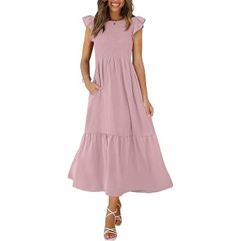 OFEEFAN Women's Casual Maxi Dresses with Pockets Ruffle Sleeve Smocked Dress XS-2XL | Amazon (US)
