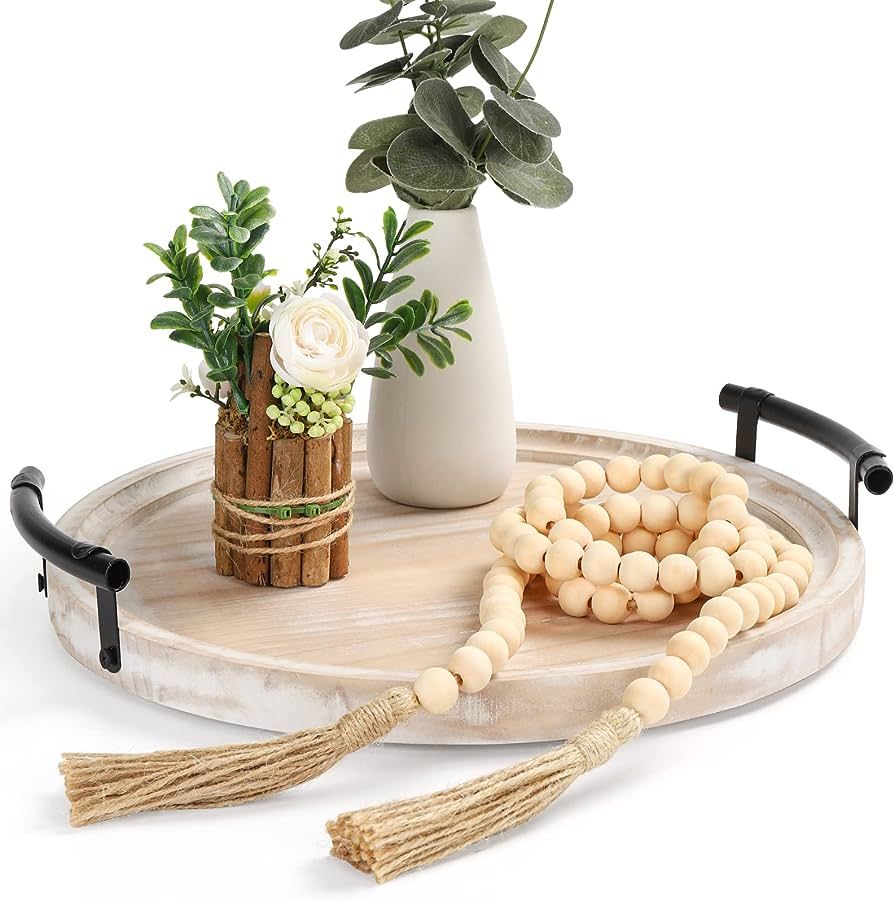 Round Wood Tray/w Wood Bead Garland - 13" Decorative Trays for Home Decor - Round Wooden Tray with H | Amazon (US)