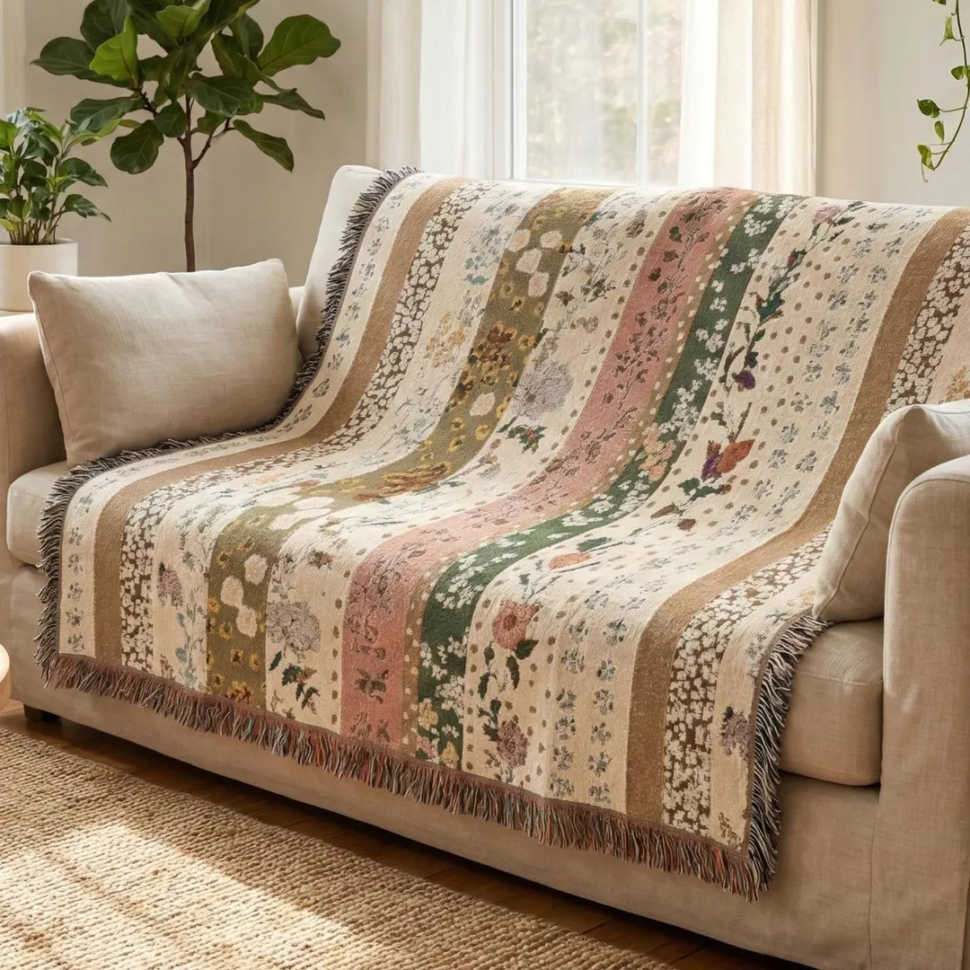 Vintage Floral Cotton Woven Throw Blanket, Cottagecore Stripe Quilt Style, Neutral Boho Sofa & Be... | Etsy (US)