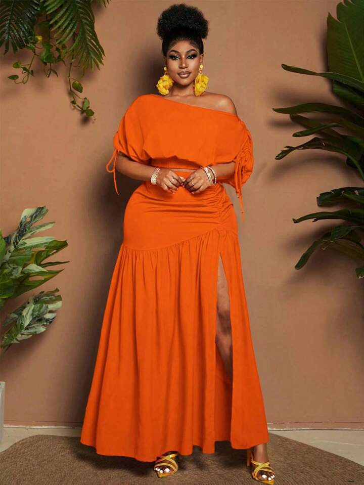 Maweii Plus Size Vacation Casual Solid Asymmetrical Neck Top And High Slit Skirt 2 Pieces Set | SHEIN