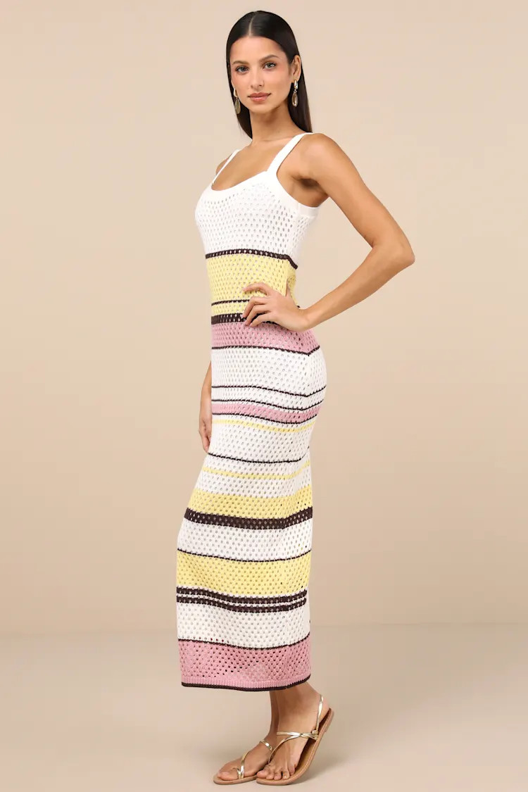Breezy Venture Ivory Striped Crochet Midi Dress | Lulus