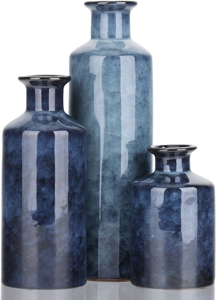 Blue Ceramic Vase Set - 3 Blue Small Vases, Farmhouse Country Flower Vase Home Decor, Living Room... | Amazon (US)