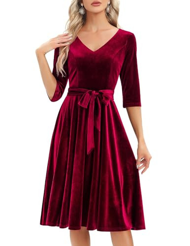 Samtkleid Damen Langarm Midilang Abendkleid elegant für Hochzeit Winter Festliche Kleider Vintage Rockabilly Cocktailkleid Party Weihnachtskleid Dark Red 3XL | Amazon (DE)