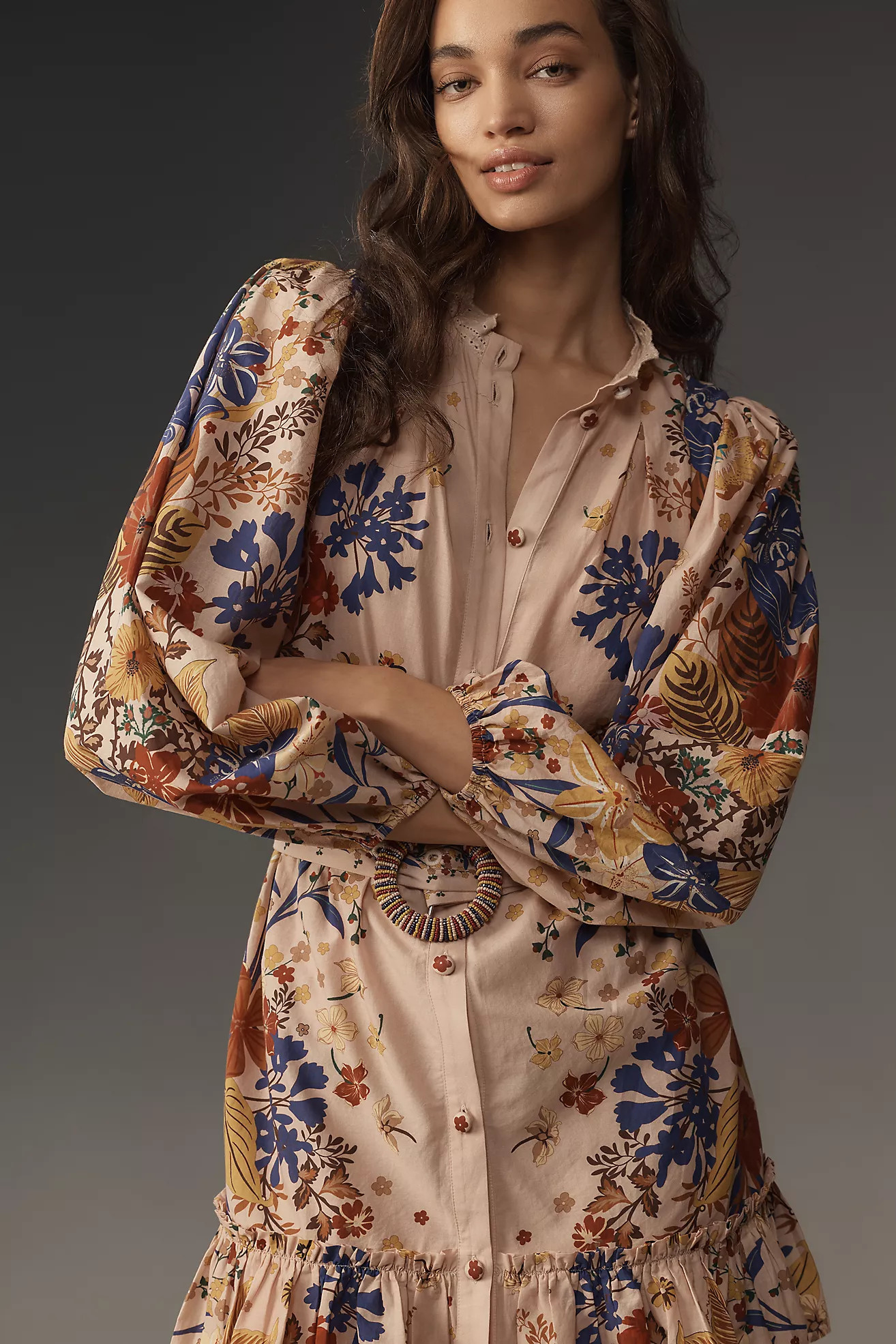 Farm Rio Beauty Bouquet Puff-Sleeve Mini Shirt Dress | Anthropologie (US)