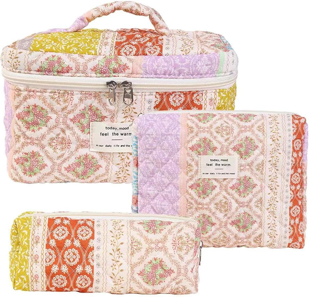 Large Floral Makeup Bag for Women, Quilted Cosmetic Toiletry Organizer, Travel Makeup Bag Set for... | Amazon (US)
