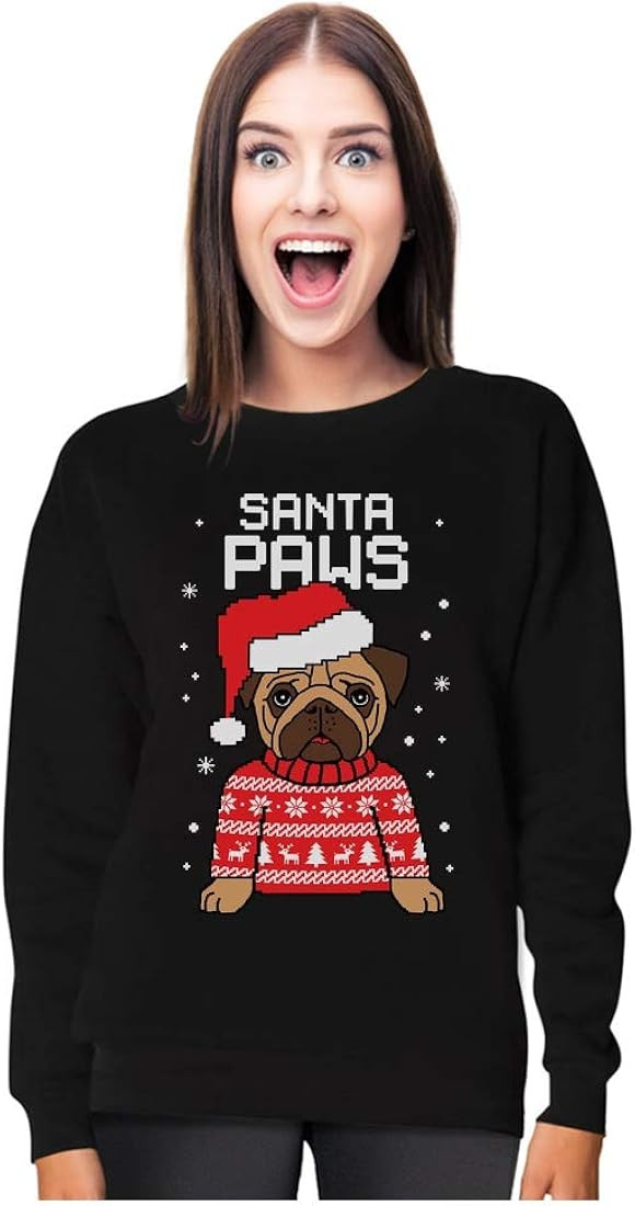Amazon.com: Santa Paws Sweatshirt Women Teen Girls Pug Ugly Christmas Sweater Style XX-Large Blac... | Amazon (US)