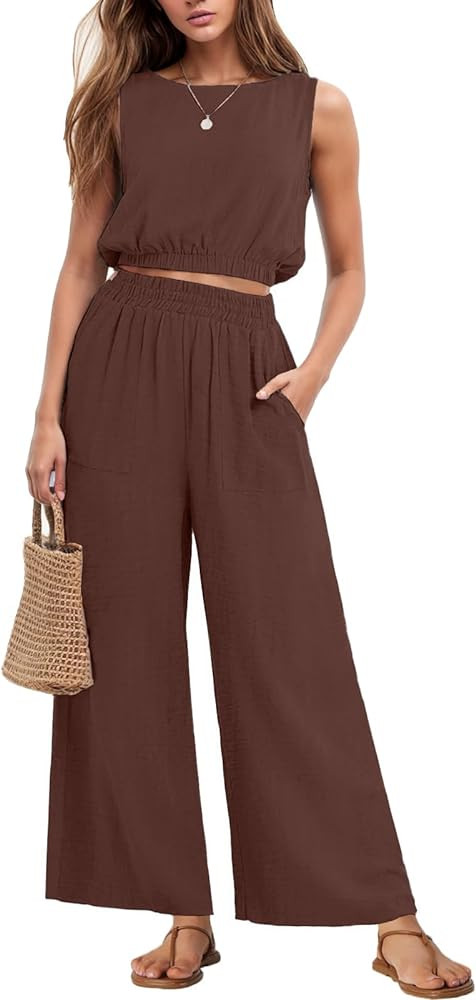 GRECERELLE Two Piece Sets for Women Sleeveless Crop Top Wide Leg Pants Sweat Set for Women Tracks... | Amazon (US)