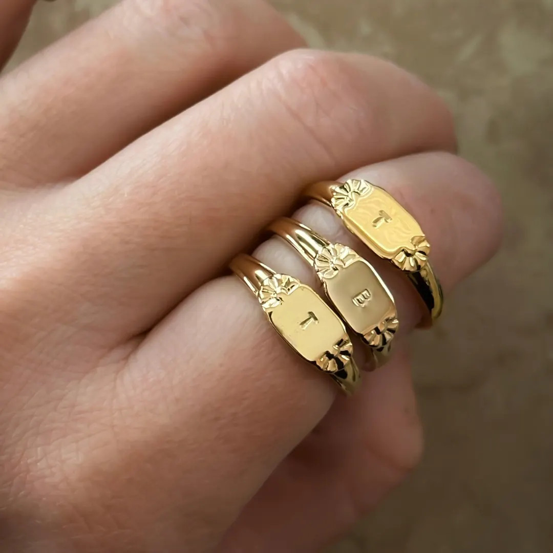 Floral Initial Signet Ring Gold womens personalized initial ring signet floral design custom gold... | Etsy (US)