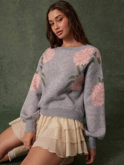 WESTFADE Spring Western Cowgirl Floral Jacquard Boatneck Long Sleeve Knit Sweater | SHEIN