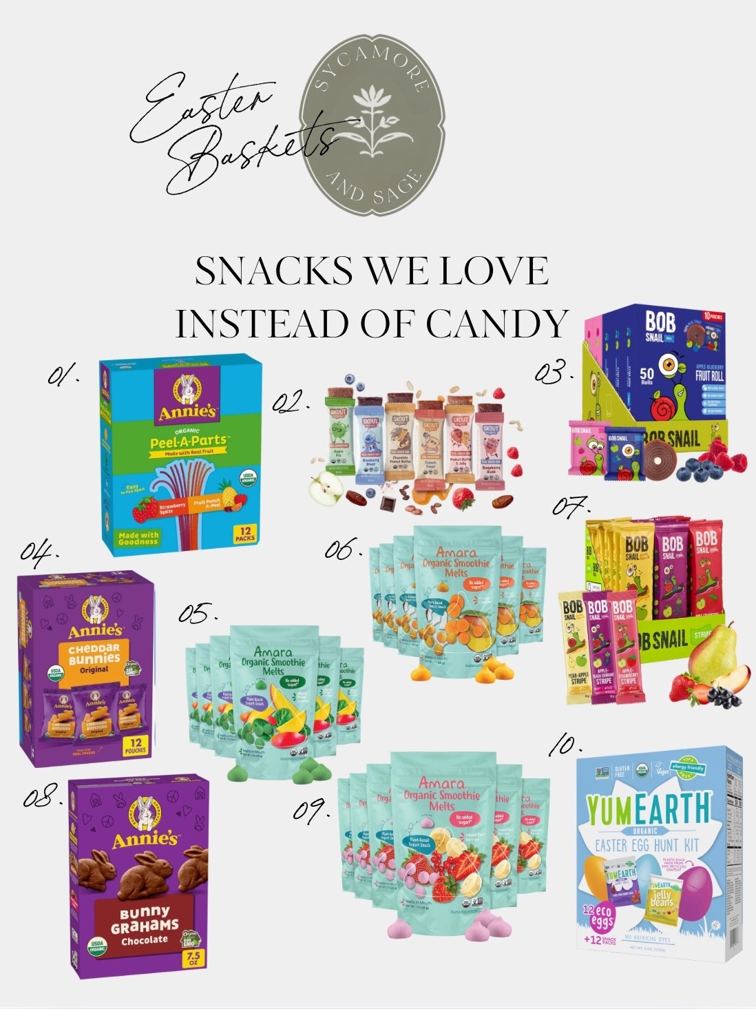 Easter basket snacks we love (instead of all the candy) 🐣🍓

If you’re trying to keep baskets a little more balanced this year, these are our go-to swaps. Fruit snacks made with real ingredients, smoothie melts, bunny grahams, better-for-you bars, and allergy-friendly treats that still feel fun and festive.

We’ll still have a little chocolate 😉 but I love mixing in snacks I feel good about keeping in the pantry long after Easter morning.

Everything is linked in my LTK for easy shopping 🤍

#EasterBaskets #BetterForYouSnacks #ToddlerSnacks #MomLife #LTKFinds #SycamoreAndSage

#LTKSeasonal #LTKmomlife #LTKfoodie