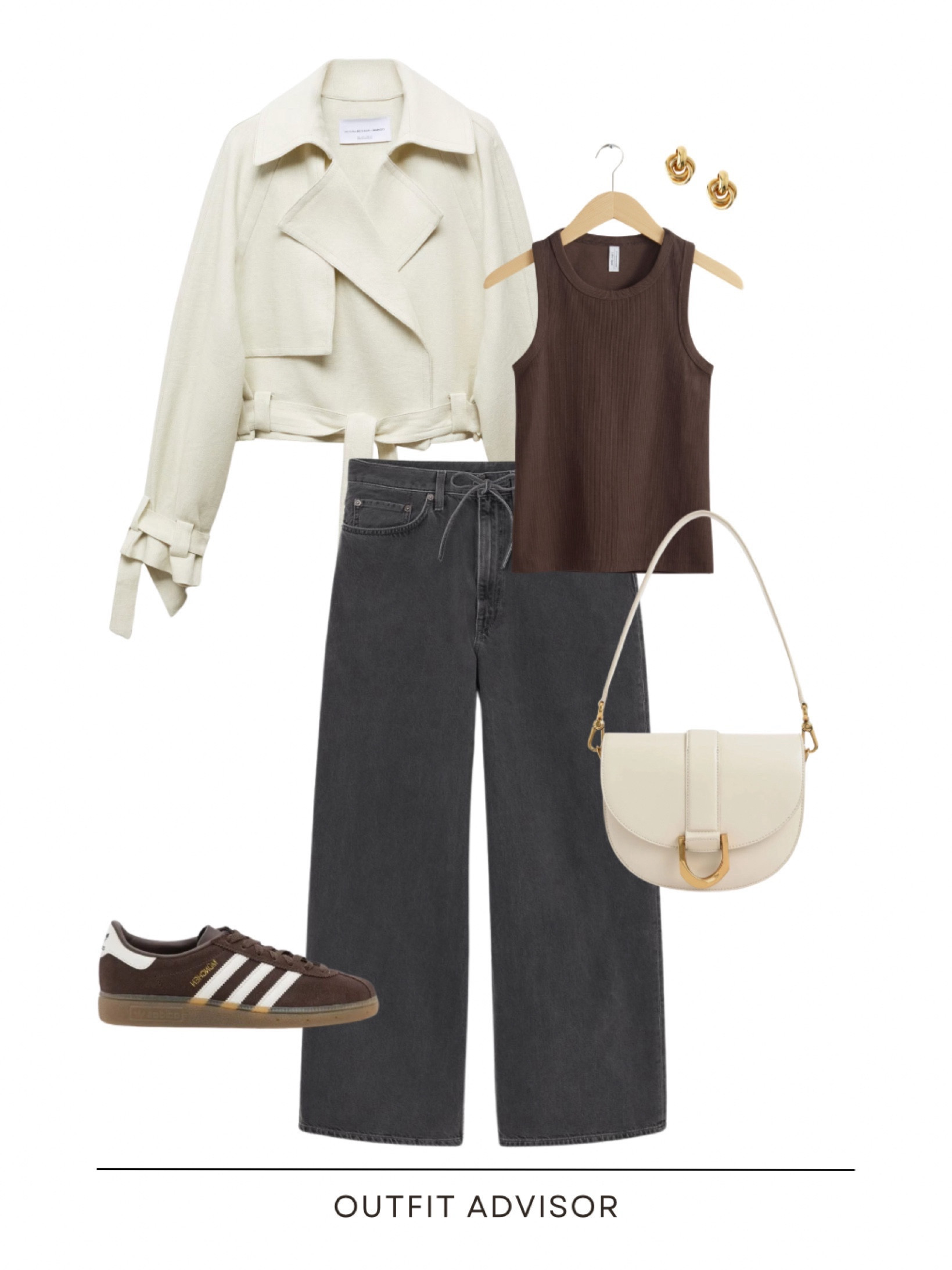 Casual spring outfit inspo: a cream cropped trench coat, brown tank top, wide leg drawstring jeans m, adidas spezial sneakers, gold earrings and a charles & keith bag

#LTKitbag #LTKstyletip #LTKworkwear