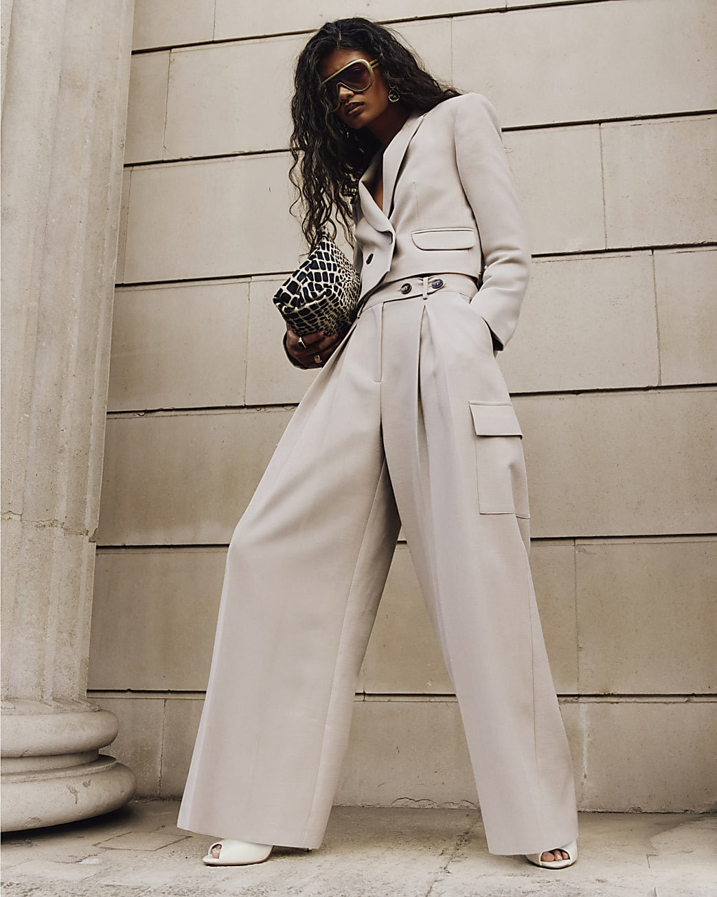 Beige Pocket Wide Leg Tailored Trousers | River Island UK & IE