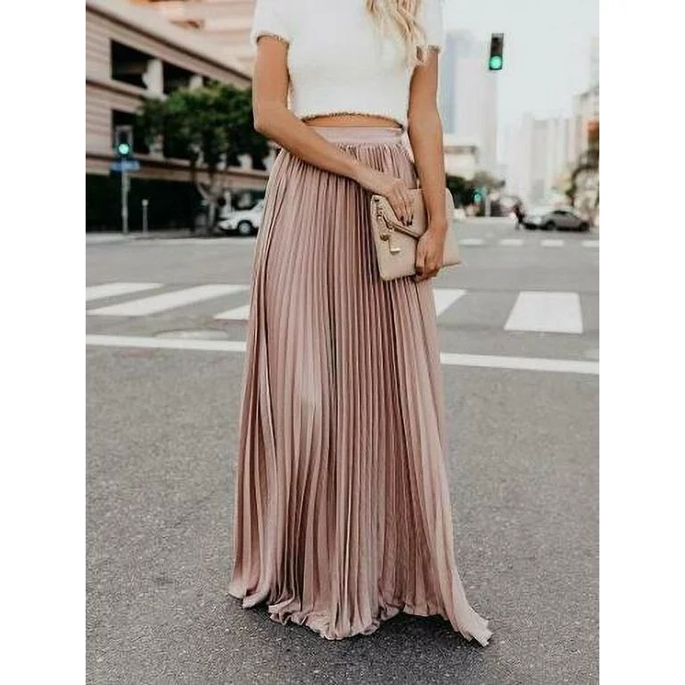 Women Long Skirt, Solid Color Elasticated Waist Wrap Maxi Pleated Skirts | Walmart (US)
