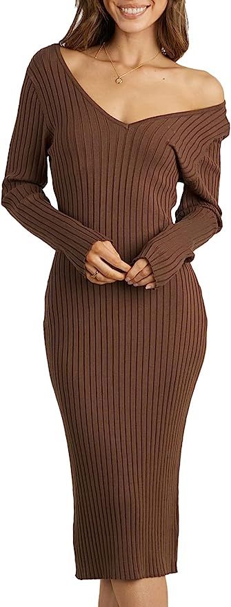 PRETTYGARDEN Women's Long Sleeve V Neck Midi Bodycon Dresses Basic Ribbed Knit Sweater Fitted Pen... | Amazon (US)