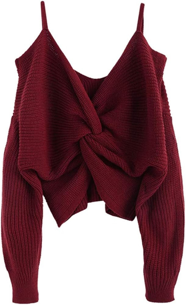 ZAFUL Women's Cold Shoulder Sweater Twist Knot Backless V Neck Straps Sexy Knit Pullover Jumper C... | Amazon (US)