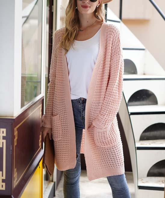 GYK Women's Open Cardigans pink - Pink Pocket Waffle Knit Open Cardigan - Women | Zulily