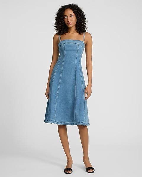 Medium Wash Square Neck Midi Denim Fit and Flare Dress