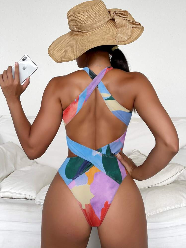 Allover Print Criss Cross Cut Out One Piece Swimsuit | SHEIN