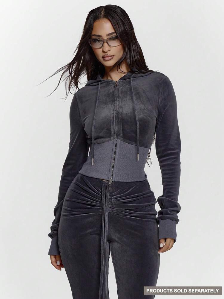 MUSERA Zip Through Fitted Ribbed Snatched Underbust Hooded Velour Sweatshirt Only Sexy Going Out Autumn Fall Night Out Winter Cute Streetwear Christmas Thanksgiving Christmas,Elegant | SHEIN