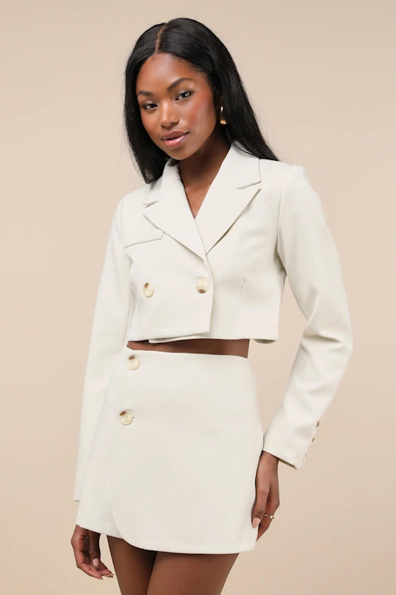 Suit 'Em Up Beige Double-Breasted Cropped Blazer | Lulus