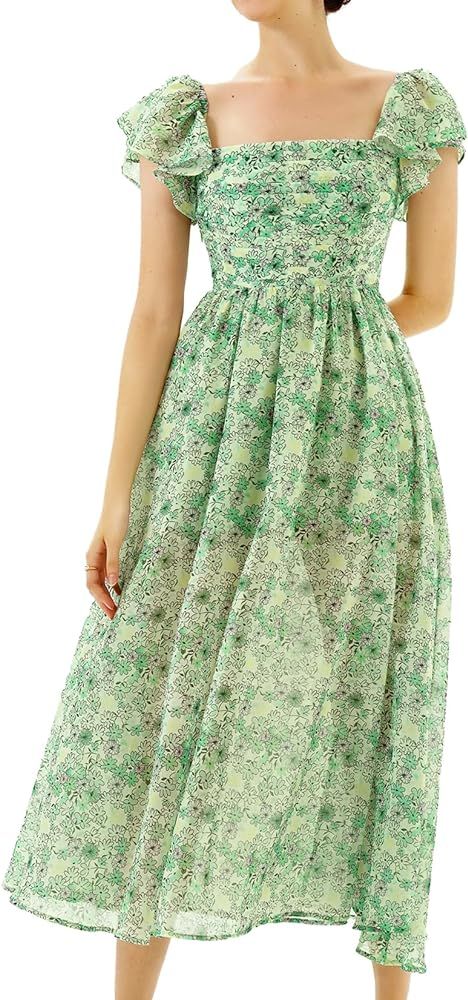 Floral midi Dress Women Casual Summer Dress Sun Dress Ruffle Hem Dress Slit Dress for Women cami ... | Amazon (US)