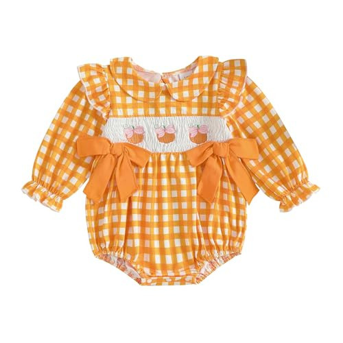Baby Girl Halloween Pumpkin Romper Bows Plaid Bubble Bodysuit Doll Collar Long Sleeve Smocke Tops for Fall (Orange, 3-6 Months) | Amazon (US)