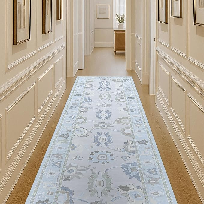 Cream Blue Oushak Runner Rug, Modern Runners, Turkish, Eclectic, Floral, Pastel, Washable, Small ... | Amazon (US)