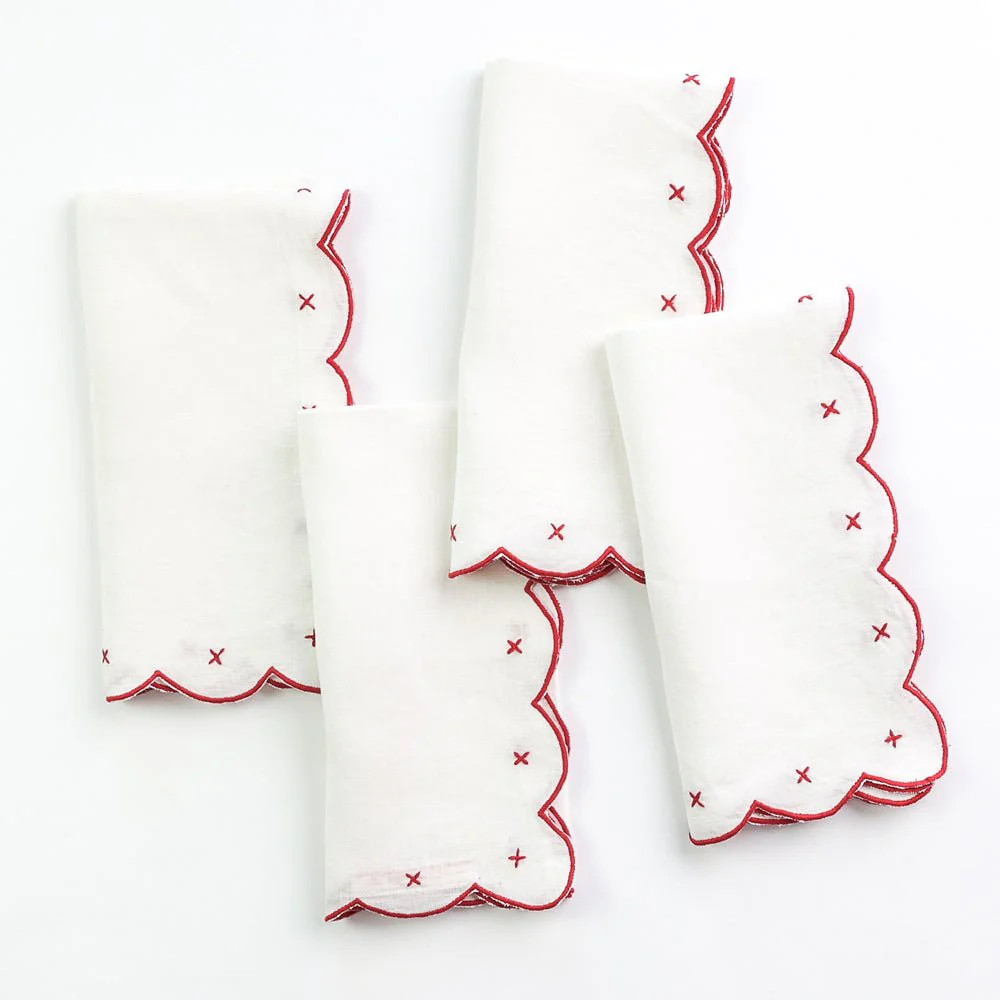 Scalloped Knot Red Embroidered Linen Napkin | Set of 4 | Pomegranate