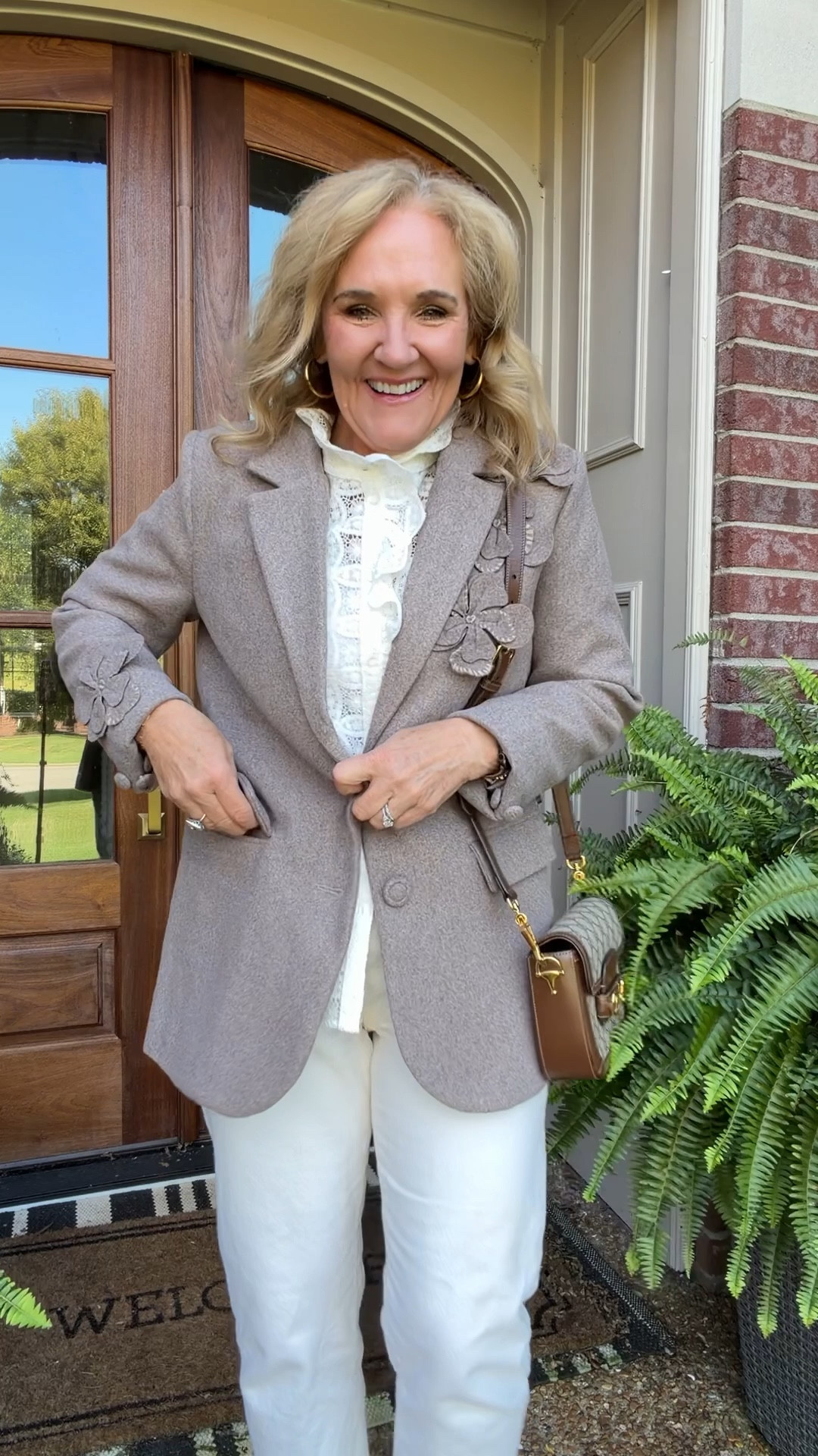Lovely winter white outfit. 
Blazer is gorgeous details under $100
Blouse I sized up to a 10. It’s beautiful. Pair with winter white jeans. I’ll links a few these are sold out. The spanx kick flare you have to size up 2 sizes! 

#LTKFindsUnder100 #LTKOver40 #LTKPetite