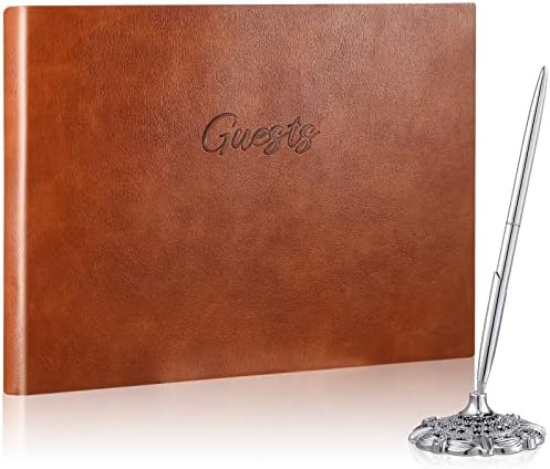 Leather Guest Book and Pen Stand Set, 10.5" x 8" Embossed Guests Sign in Book Registry Book for F... | Amazon (US)