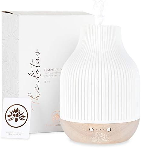Essential Oil Diffuser Lamp, White Ceramic + Wood, Ultrasonic 180ml, Whispersoft, 4 Timers + 5 Li... | Amazon (US)