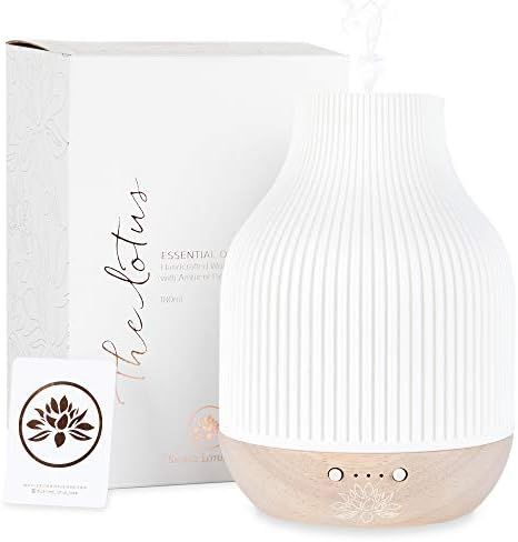 Essential Oil Diffuser Lamp, White Ceramic + Wood, Ultrasonic 180ml, Whispersoft, 4 Timers + 5 Li... | Amazon (US)