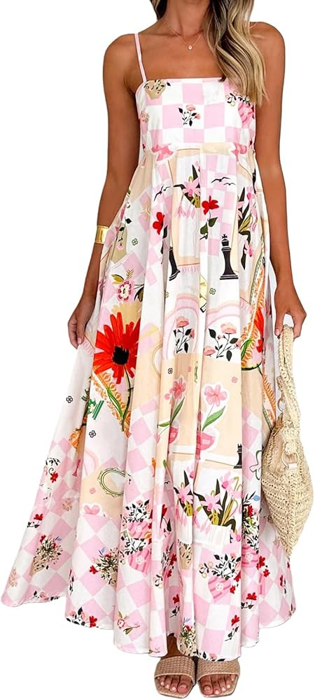 FEORJGP Womens Summer Spaghetti Strap Long Dress Boho Low Cut Dress Backless Flowy Midi Dress Boh... | Amazon (US)