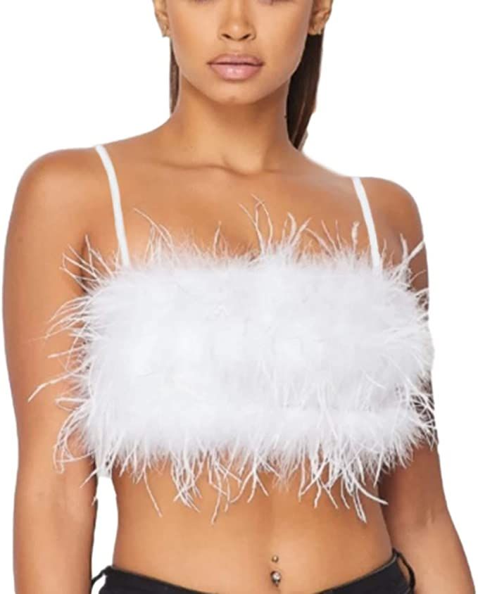 Women Rave Festival Feather Crop Tops Faux Fur Spaghetti Straps Tube Top for Concert Club Party | Amazon (US)