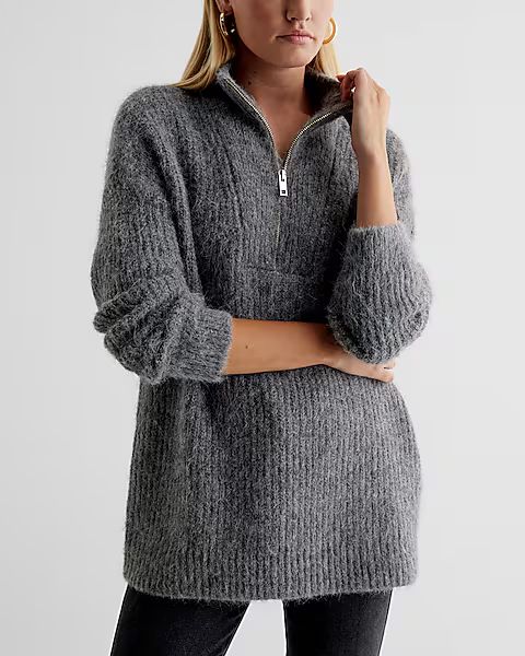 London Fuzzy Knit Quarter Zip Oversized Sweater | Express