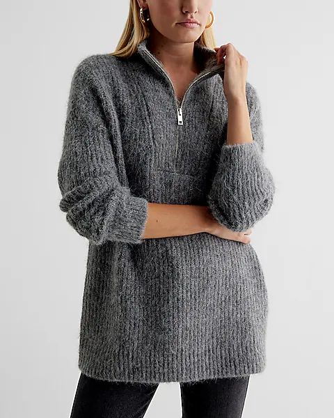 London Fuzzy Knit Quarter Zip Oversized Sweater | Express