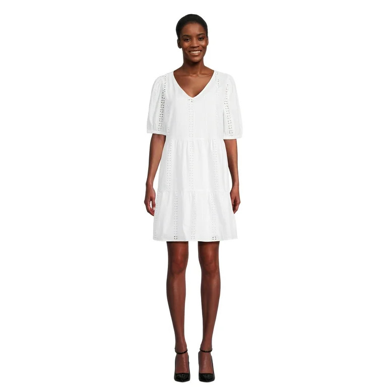 Time and Tru Women's Eyelet Mini Dress with Puff Sleeves, Sizes XS-XXXL | Walmart (US)